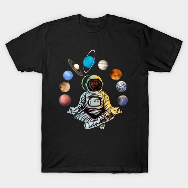 Astronaut, African Man, Meditating Surrounded by Planets T-Shirt by logiamerch