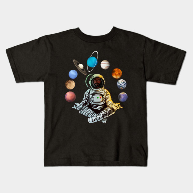 Astronaut, African Man, Meditating Surrounded by Planets Kids T-Shirt by logiamerch