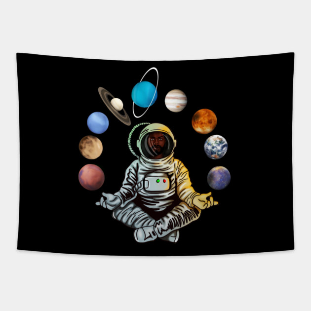Astronaut, African Man, Meditating Surrounded by Planets Tapestry by logiamerch