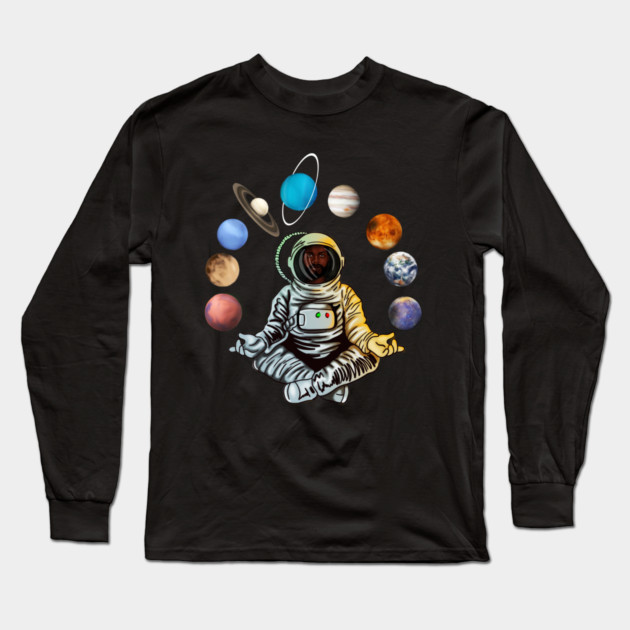 Astronaut, African Man, Meditating Surrounded by Planets Long Sleeve T-Shirt by logiamerch