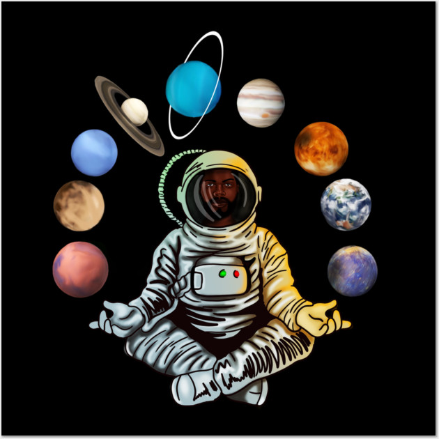 Astronaut, African Man, Meditating Surrounded by Planets Wall Art by logiamerch