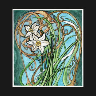 Two Daffodils and Branches Painting in Art Nouveau Style T-Shirt