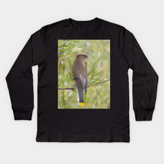 Cedar Waxwing in a tree Kids Long Sleeve T-Shirt by BirdsnStuff