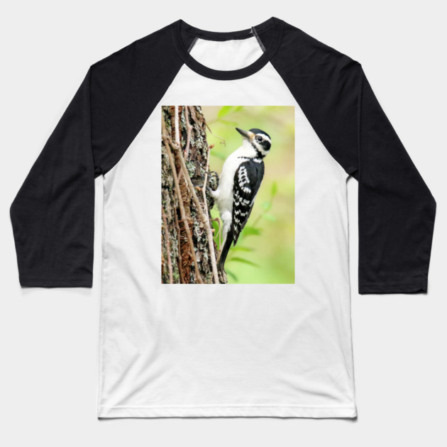 Portrait of a Hairy Woodpecker 2-Female Baseball T-Shirt by BirdsnStuff