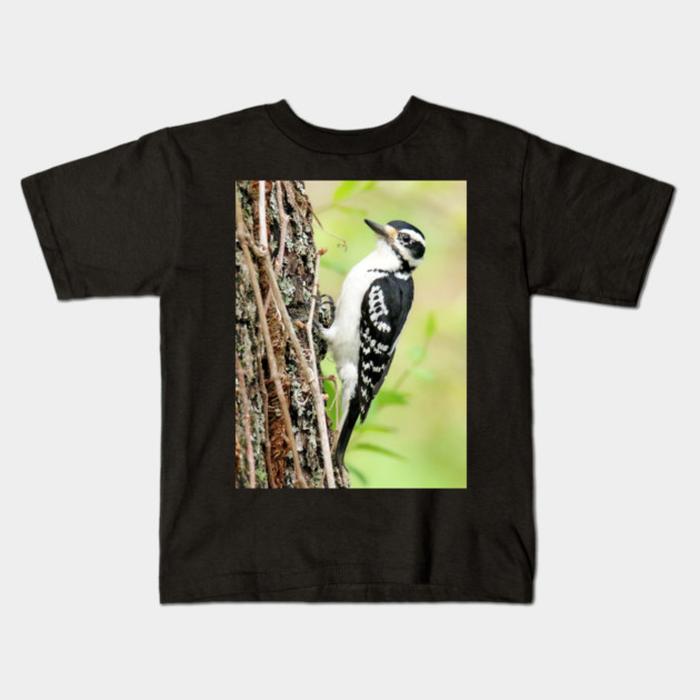 Portrait of a Hairy Woodpecker 2-Female Kids T-Shirt by BirdsnStuff