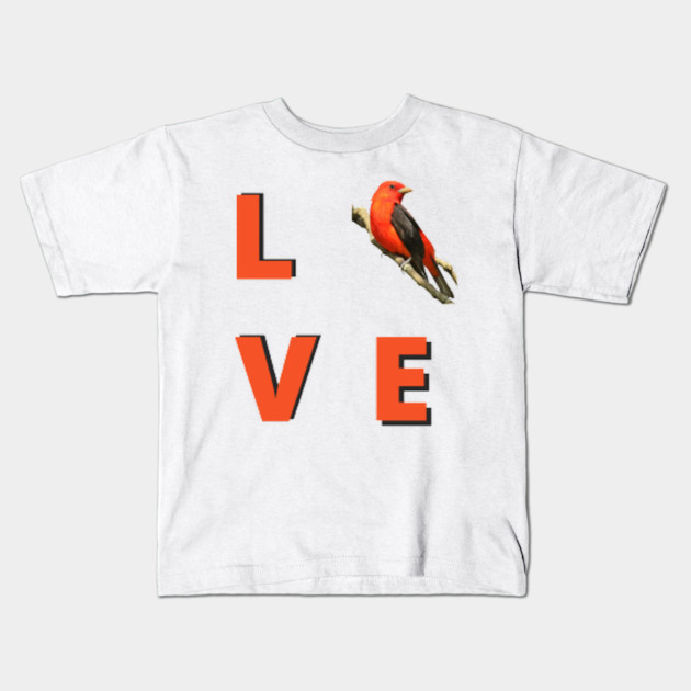 Love birds design with Scarlet Tanager Kids T-Shirt by BirdsnStuff