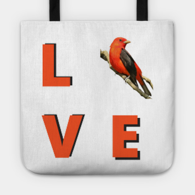 Love birds design with Scarlet Tanager Tote by BirdsnStuff