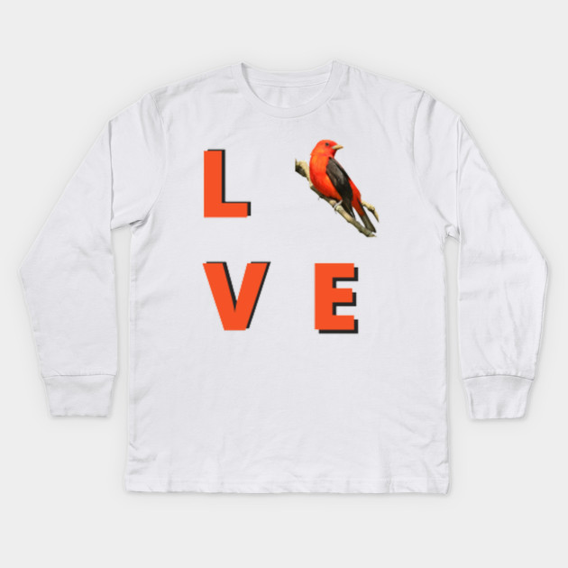 Love birds design with Scarlet Tanager Kids Long Sleeve T-Shirt by BirdsnStuff