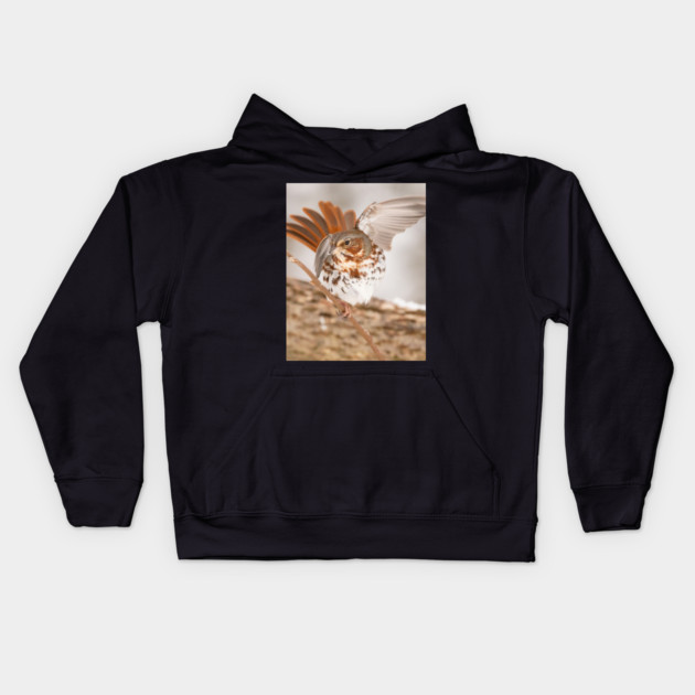 Fox Sparrow with tail feathers fanned out Kids Hoodie by BirdsnStuff