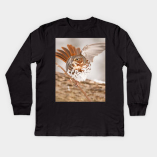 Fox Sparrow with tail feathers fanned out Kids Long Sleeve T-Shirt