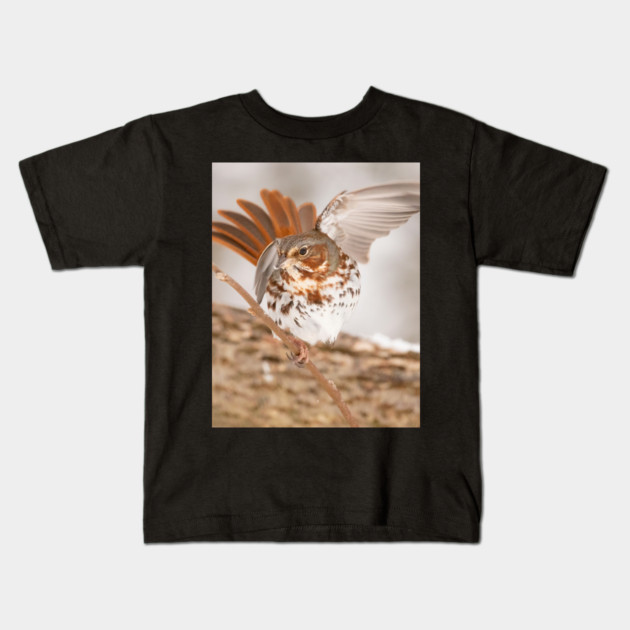 Fox Sparrow with tail feathers fanned out Kids T-Shirt by BirdsnStuff