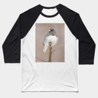 Fluffy Dark Eyed Junco with brown/tan blurred background Baseball T-Shirt