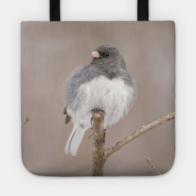 Fluffy Dark Eyed Junco with brown/tan blurred background Tote by BirdsnStuff