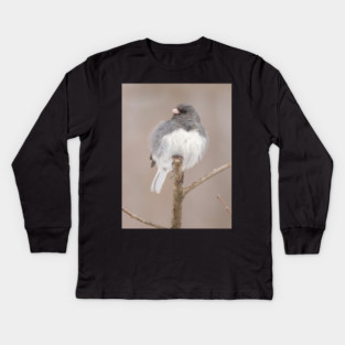 Fluffy Dark Eyed Junco with brown/tan blurred background Kids Long Sleeve T-Shirt