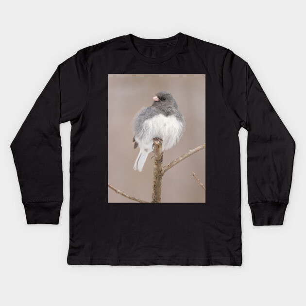 Fluffy Dark Eyed Junco with brown/tan blurred background Kids Long Sleeve T-Shirt by BirdsnStuff