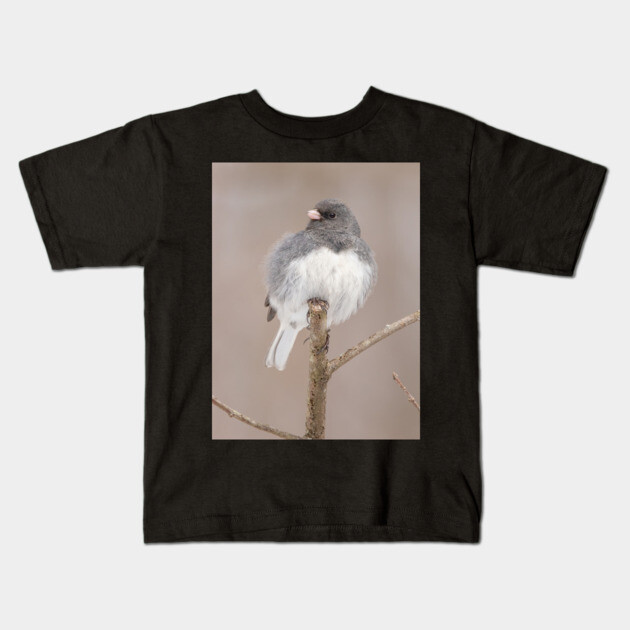 Fluffy Dark Eyed Junco with brown/tan blurred background Kids T-Shirt by BirdsnStuff