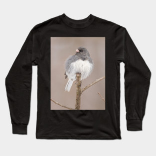 Fluffy Dark Eyed Junco with brown/tan blurred background Long Sleeve T-Shirt