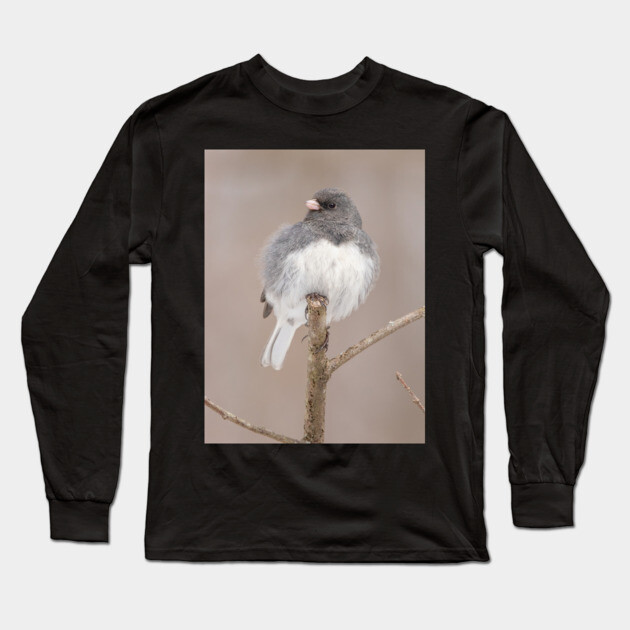 Fluffy Dark Eyed Junco with brown/tan blurred background Long Sleeve T-Shirt by BirdsnStuff
