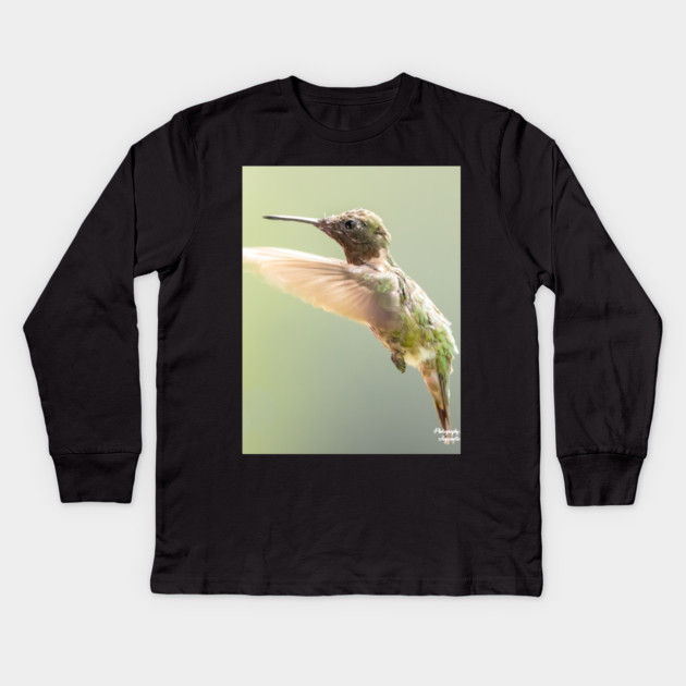 Ruby-throated Hummingbird in flight Kids Long Sleeve T-Shirt by BirdsnStuff