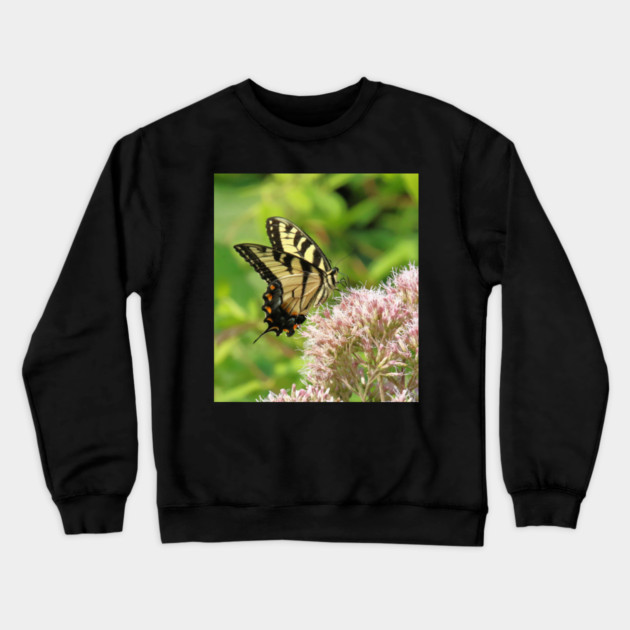 Butterfly on pink purple flowers Crewneck Sweatshirt by BirdsnStuff