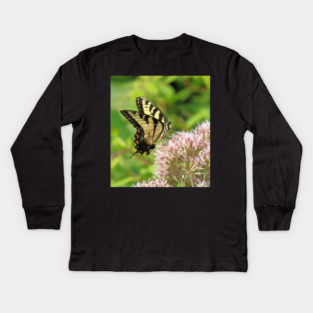 Butterfly on pink purple flowers Kids Long Sleeve T-Shirt
