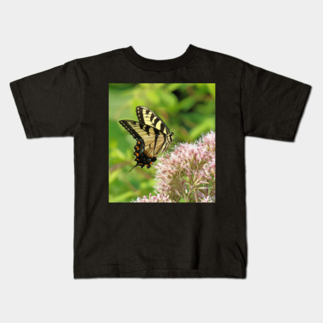 Butterfly on pink purple flowers Kids T-Shirt by BirdsnStuff