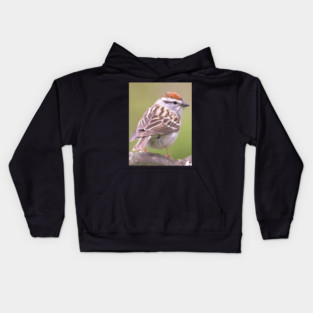 Chipping Sparrow on a big curled tree branch Kids Hoodie
