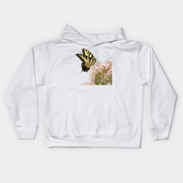 Butterfly on pink flowers with no background Kids Hoodie by BirdsnStuff