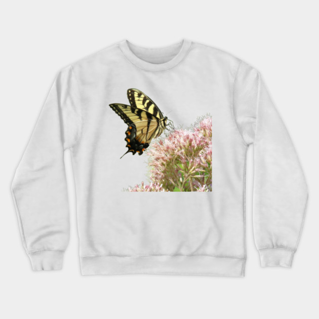 Butterfly on pink flowers with no background Crewneck Sweatshirt by BirdsnStuff