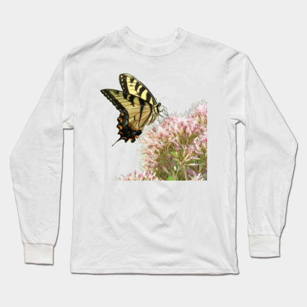 Butterfly on pink flowers with no background Long Sleeve T-Shirt by BirdsnStuff