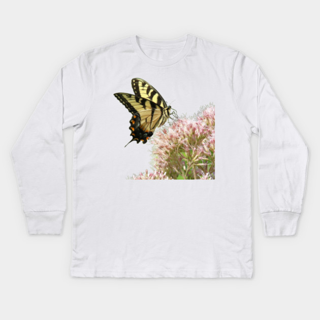 Butterfly on pink flowers with no background Kids Long Sleeve T-Shirt by BirdsnStuff