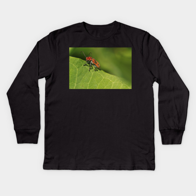 Red and black beetle on a leaf Kids Long Sleeve T-Shirt by BirdsnStuff