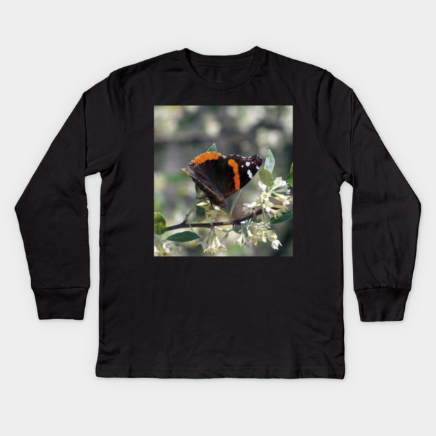 Orange and Black Butterfly with white spots Kids Long Sleeve T-Shirt by BirdsnStuff