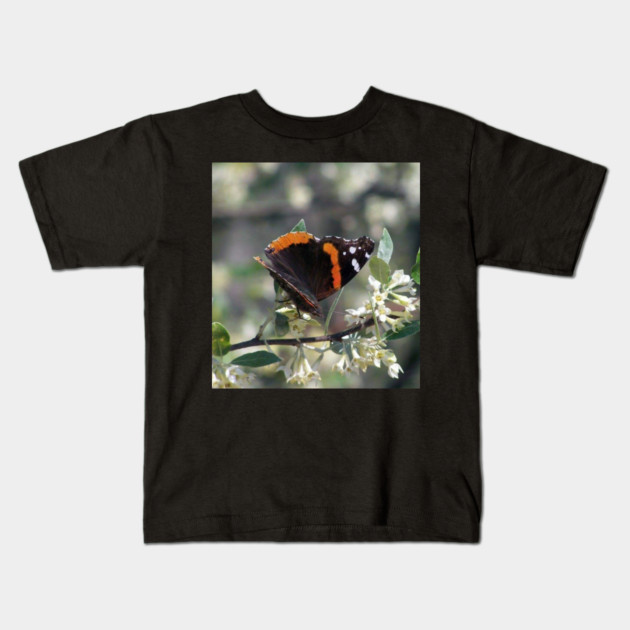 Orange and Black Butterfly with white spots Kids T-Shirt by BirdsnStuff