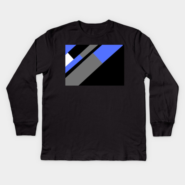 Blue,, White, Black, and Grey Rectangle and Triangle pattern Kids Long Sleeve T-Shirt by BirdsnStuff