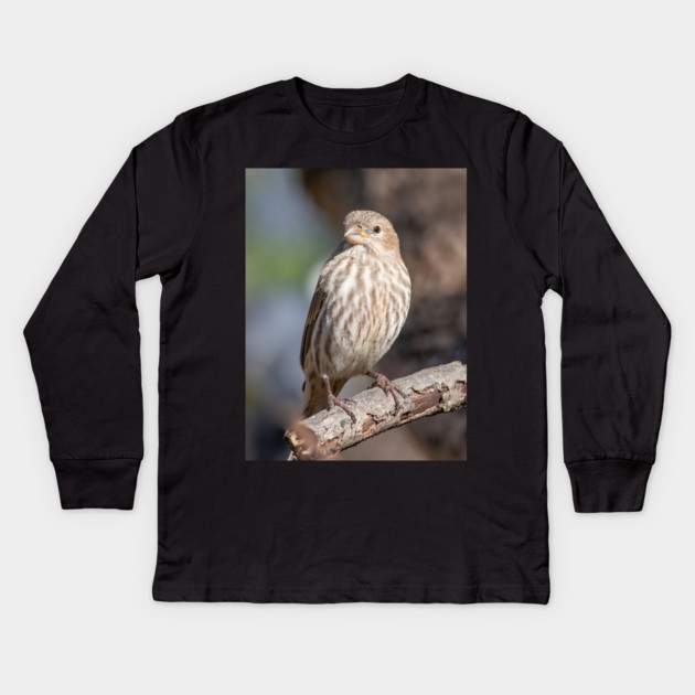 A Very Sweet Female House Finch Posing Prettily Kids Long Sleeve T-Shirt by BirdsnStuff