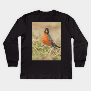 American Robin bird in an open field with out of focus foreground and background Kids Long Sleeve T-Shirt