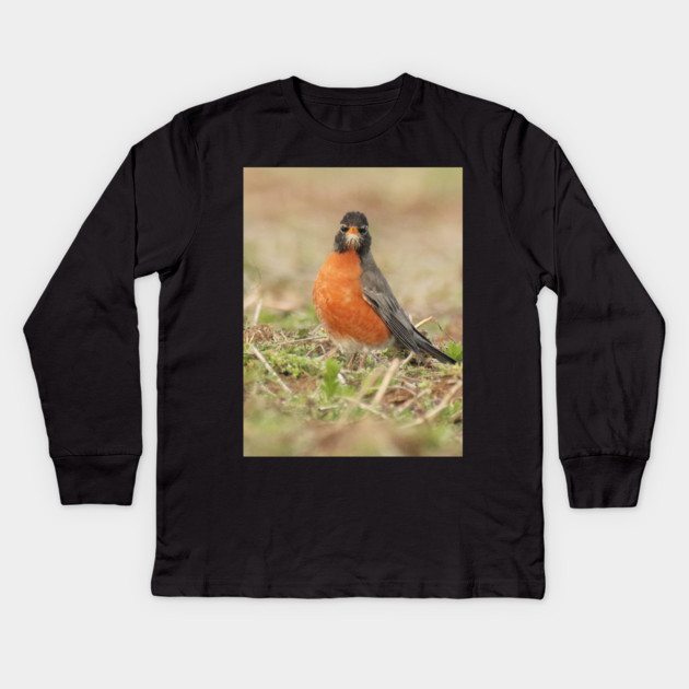 American Robin bird in an open field with out of focus foreground and background Kids Long Sleeve T-Shirt by BirdsnStuff