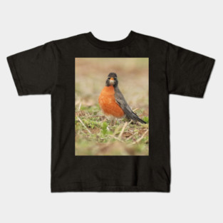 American Robin bird in an open field with out of focus foreground and background Kids T-Shirt