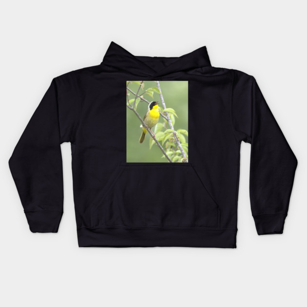 Common Yellowthroat bird with soft green out of focus background Kids Hoodie by BirdsnStuff