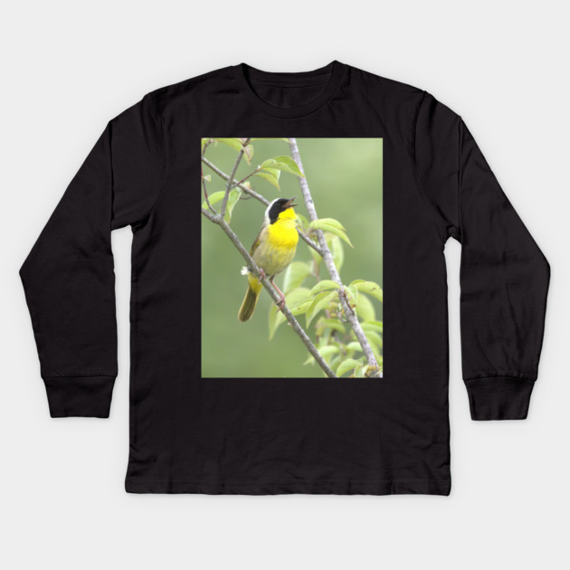 Common Yellowthroat bird with soft green out of focus background Kids Long Sleeve T-Shirt by BirdsnStuff
