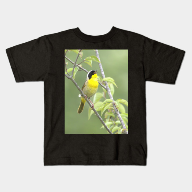 Common Yellowthroat bird with soft green out of focus background Kids T-Shirt by BirdsnStuff
