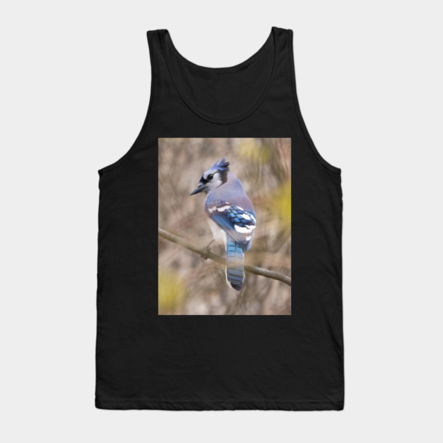 Blue Jay with brown and grey blurred background and green blurred leaves Tank Top by BirdsnStuff