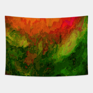 Oceanic Waves Digital Painting in Orange, Red, Green Tapestry