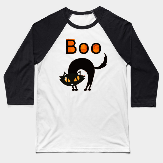 Boo Cat with arched black cat and orange eyes Baseball T-Shirt by BirdsnStuff