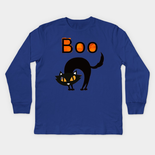 Boo Cat with arched black cat and orange eyes Kids Long Sleeve T-Shirt by BirdsnStuff