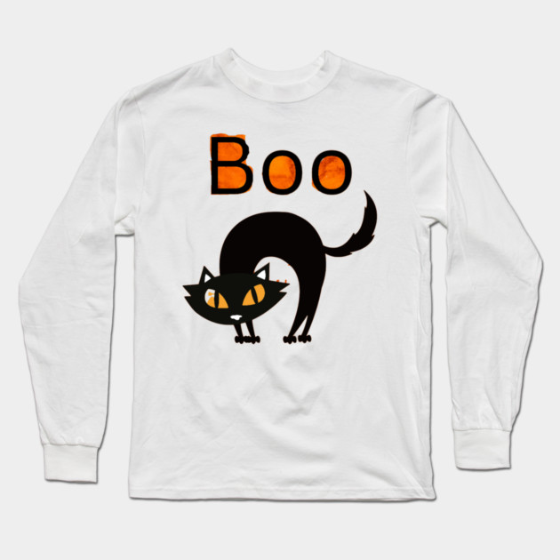 Boo Cat with arched black cat and orange eyes Long Sleeve T-Shirt by BirdsnStuff
