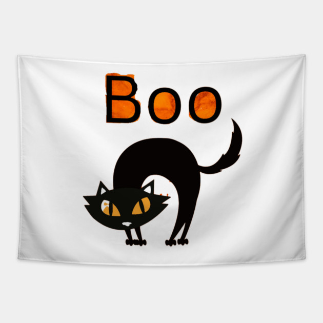 Boo Cat with arched black cat and orange eyes Tapestry by BirdsnStuff