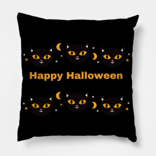 Happy Halloween, Orange and Black cat eyes with white triangle ears and half moons Pillow