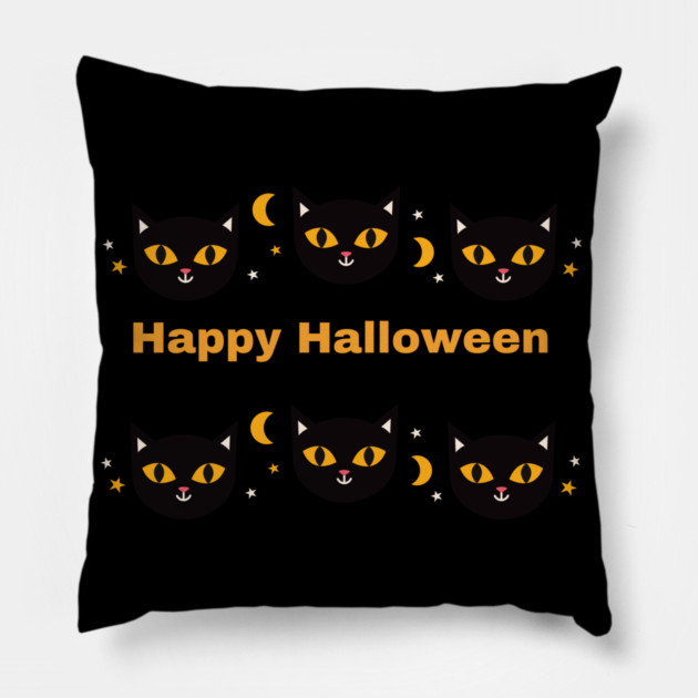 Happy Halloween, Orange and Black cat eyes with white triangle ears and half moons Pillow by BirdsnStuff